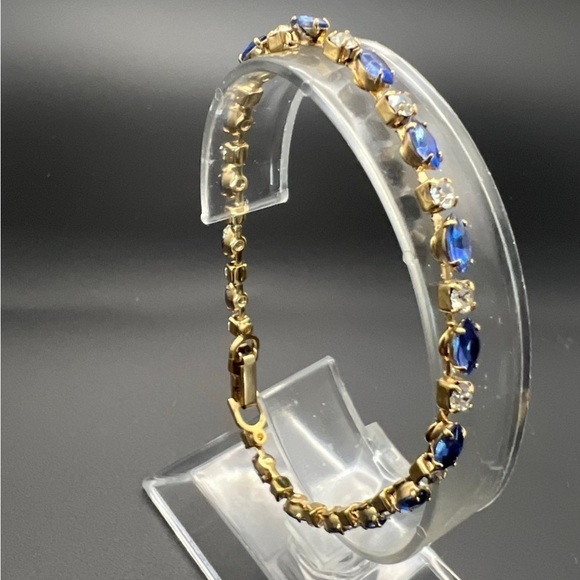 Vintage Gold Plated Tennis Bracelet – Blue & Clear Rhinestones, 7.5” - Picture 13 of 14